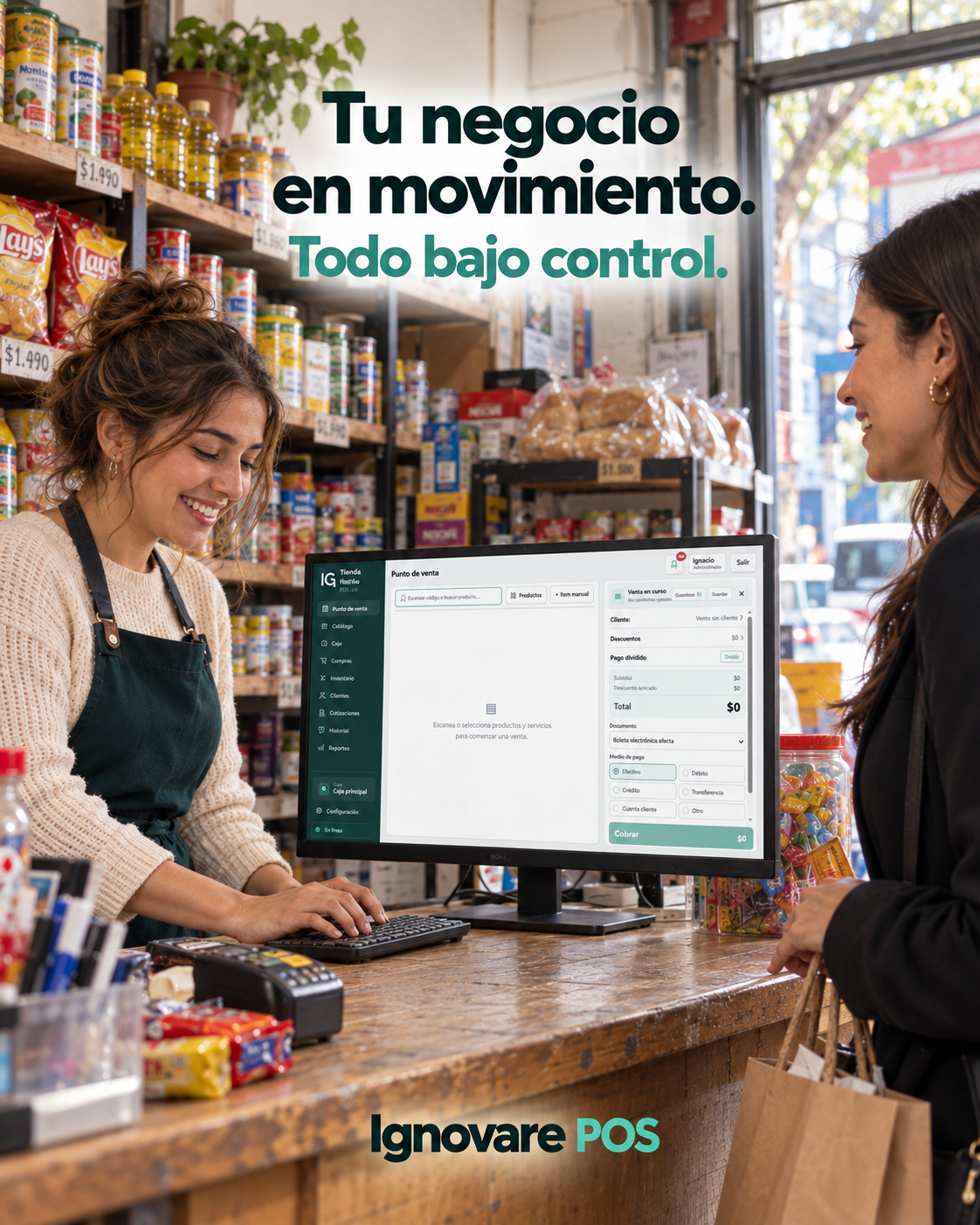 Escena editorial de atención en un comercio con un sistema de punto de venta