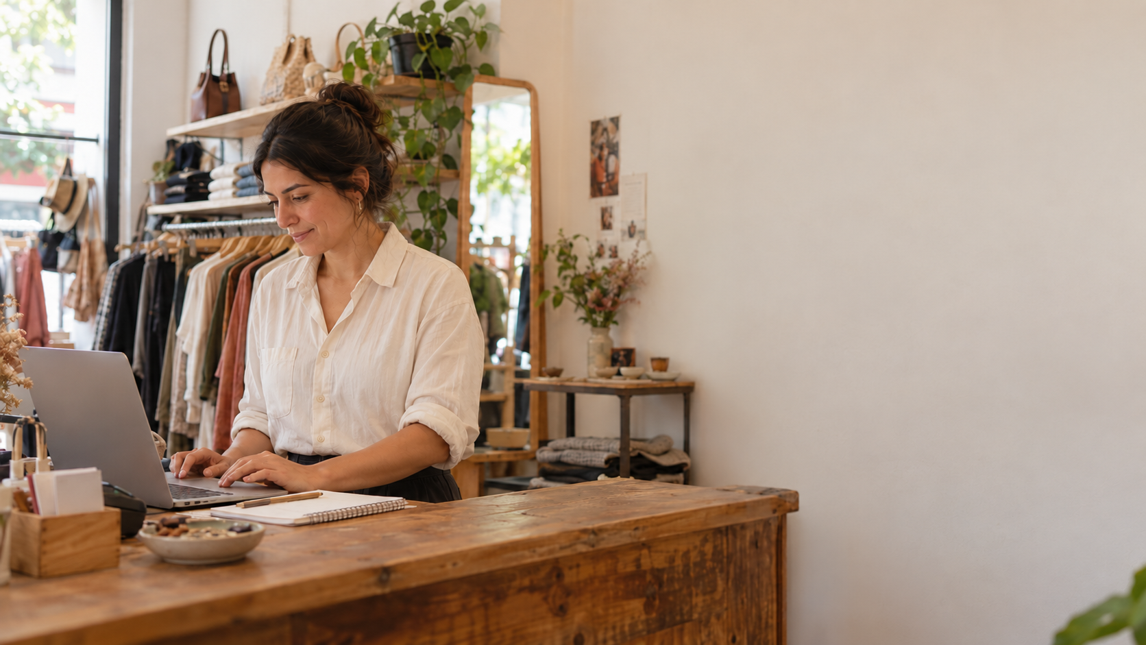 Comerciante trabajando con un portátil en su tienda